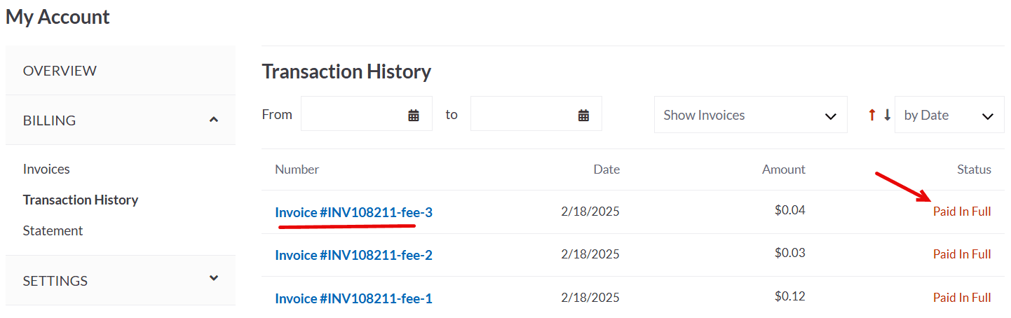 SuiteCommerce MyAccount transaction history invoice number status.