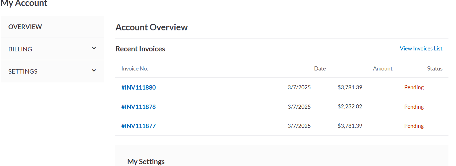 NetSuite account overview recent invoices.