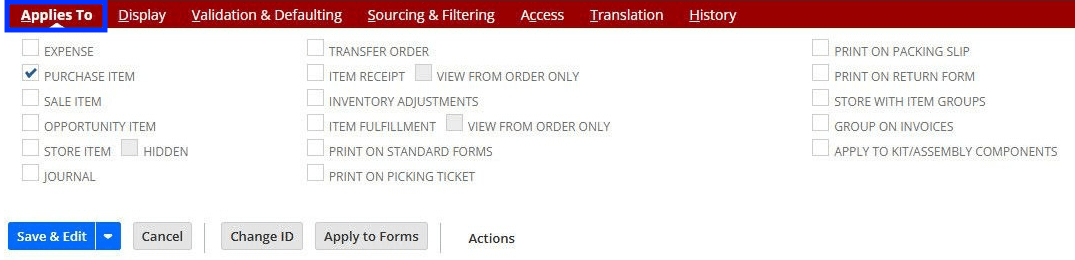 NetSuite customization transaction line item Applies To button.