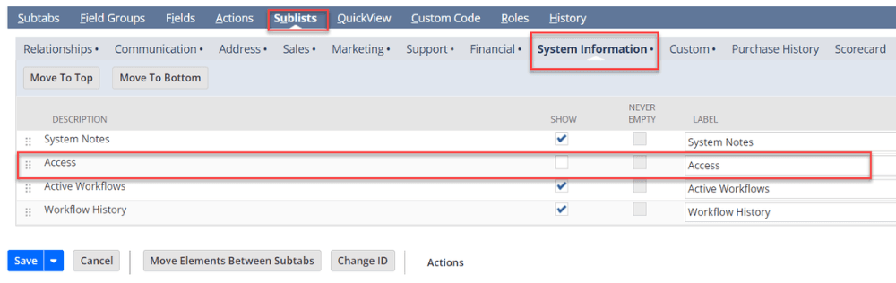 NetSuite sublists information tab.