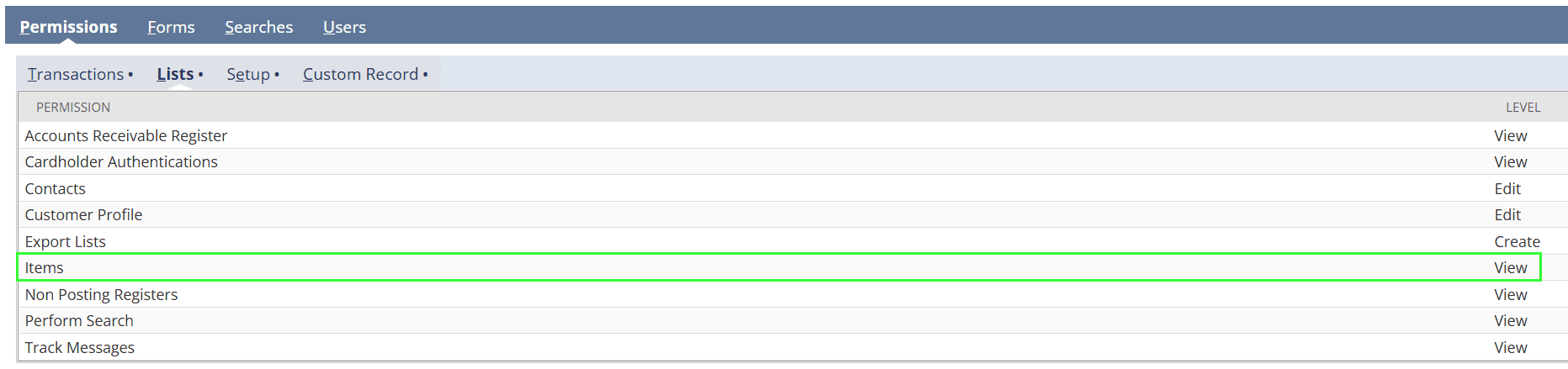 netsuite permissions lists items view