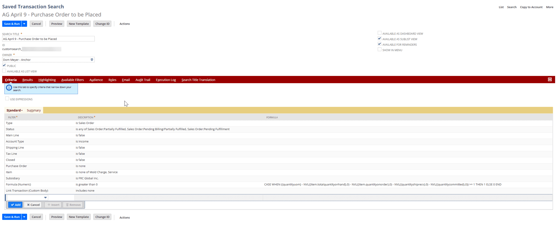 saved transaction search criteria standard