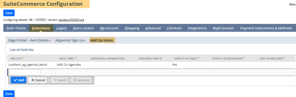 suitecommerce configuration extensions add on items