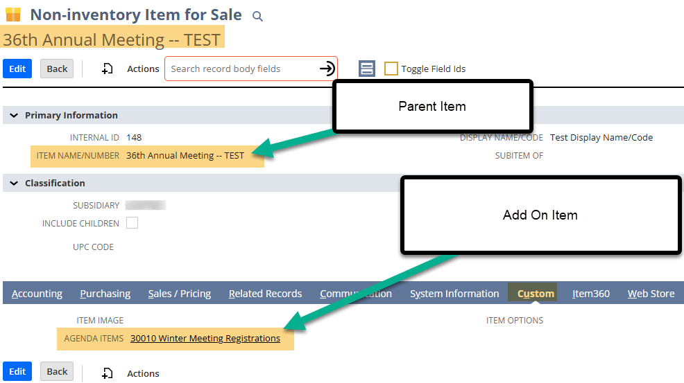netsuite parent item add on item