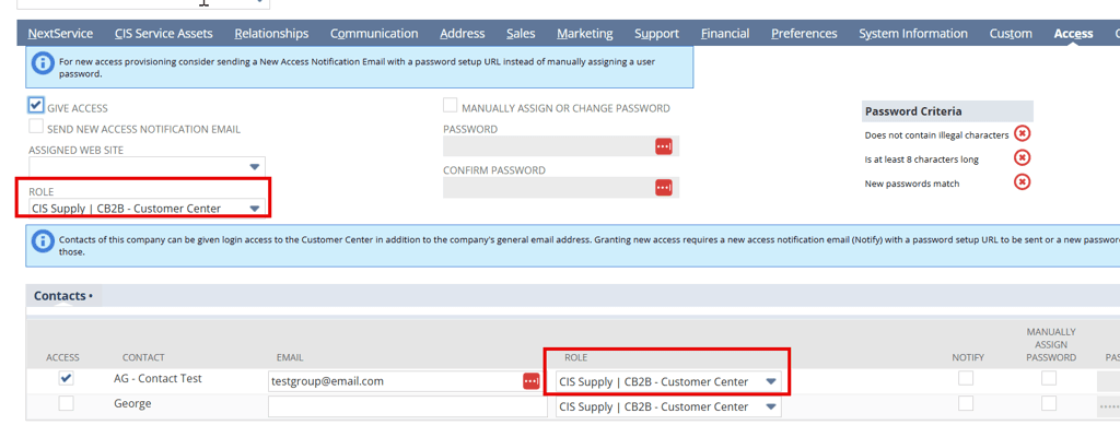 The NetSuite Access tab with the fields indicating the Role of the customer or contact highlighted in red.