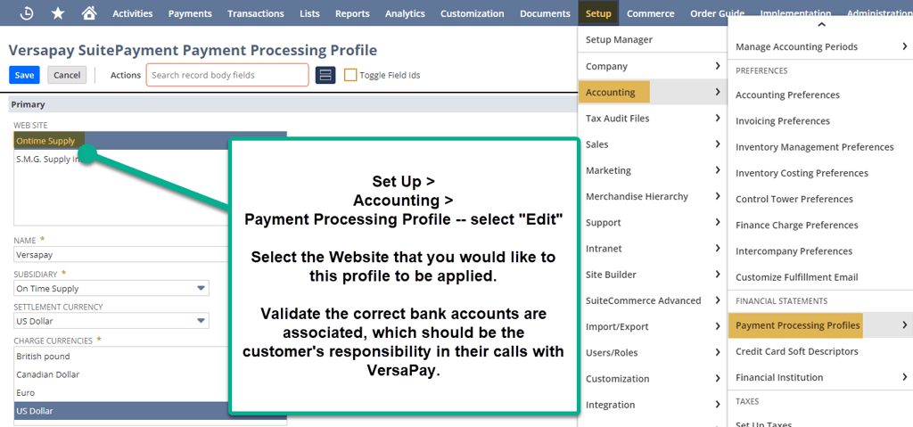 Versapay SuitePayment payment processing profile page with navigation.