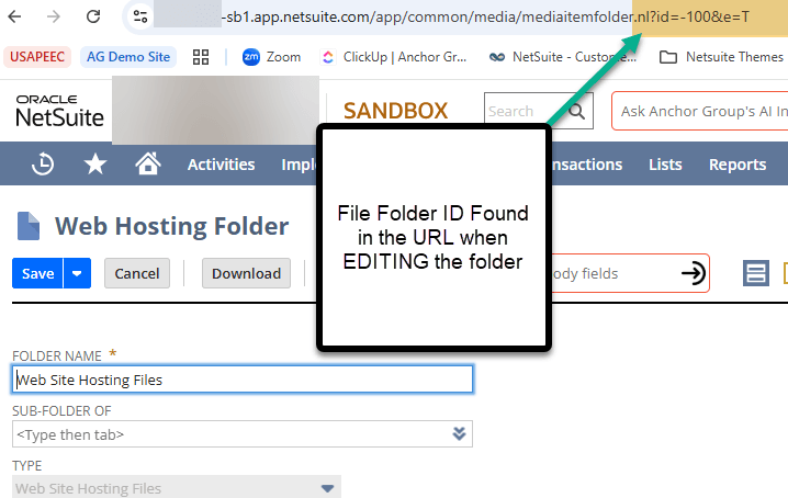 Oracle NetSuite page with File Folder ID shown in URL.
