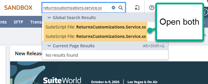 Two SuiteScript files shown under the Sandbox search bar.
