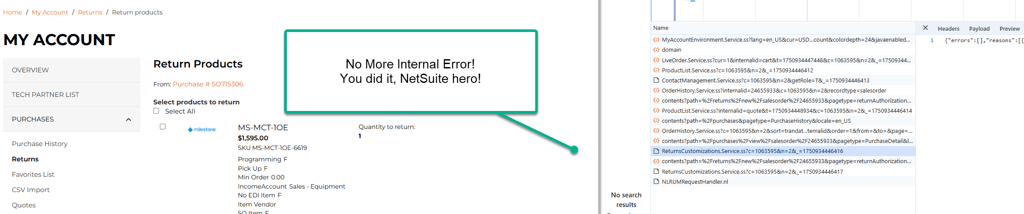 SuiteCommerce My Account page with no internal error shown.