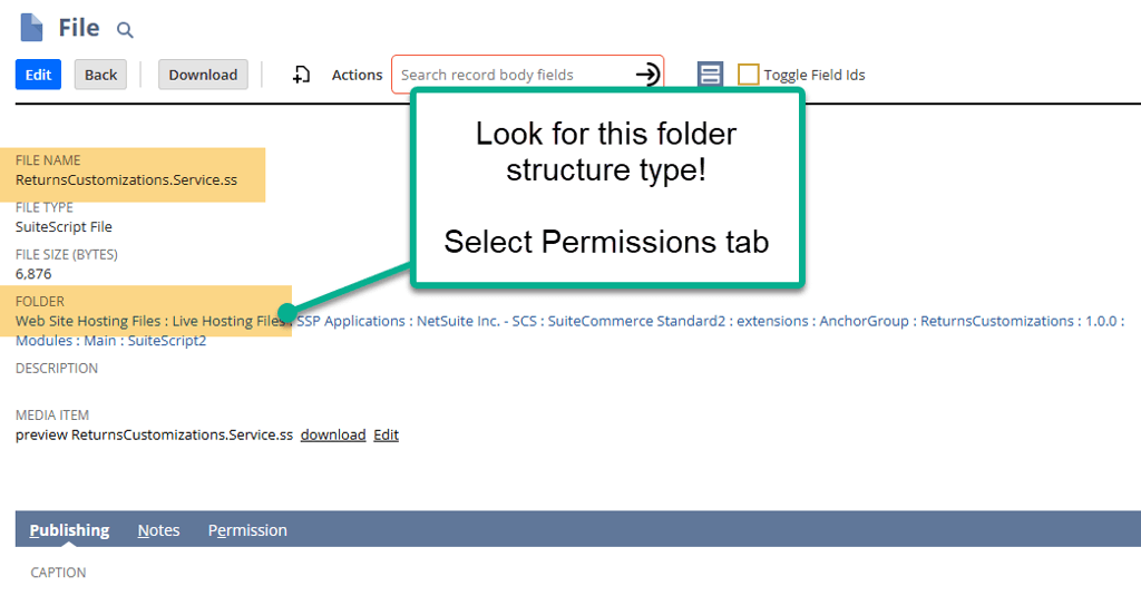 File page with the Permissions tab indicated, and File Name and Folder details shown.