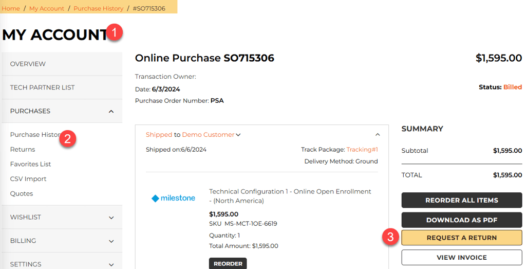 SuiteCommerce My Account page with the Purchase History tab and Request a Return button indicated.