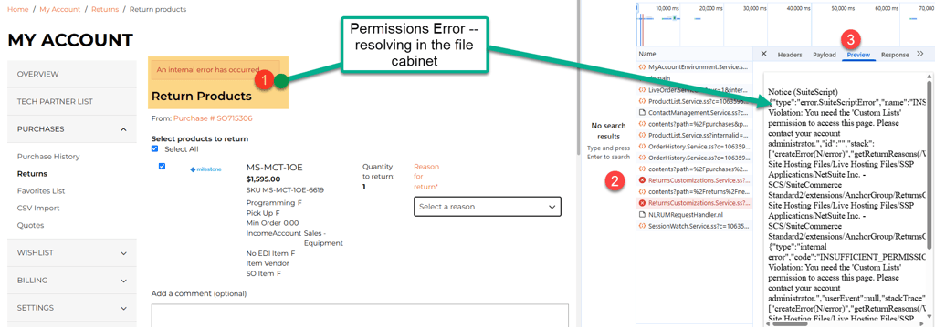 SuiteCommerce My Account with Permissions Error and three points indicated.