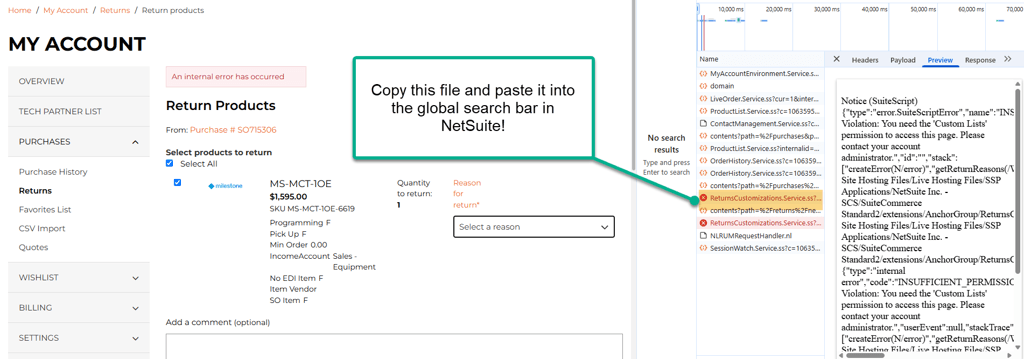 SuiteCommerce My Account page with the File Name highlighted.