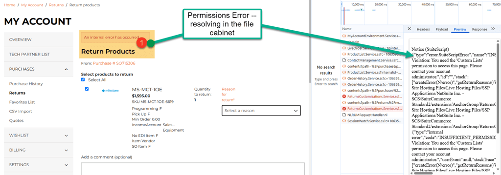 SuiteCommerce My Account page indicating Permissions Error.