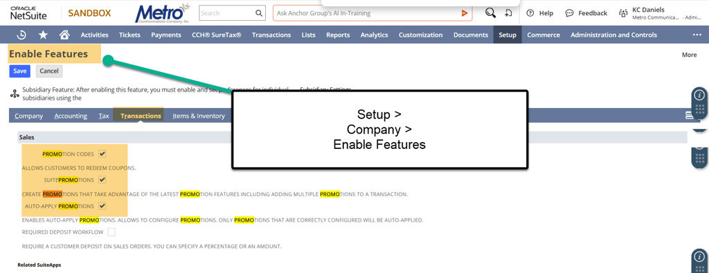 Enable Features page with navigation shown, and three fields highlighted.