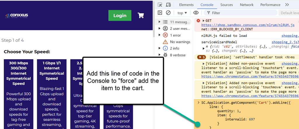 Split screen with webstore on one side and HTML code with the message to force add an item.