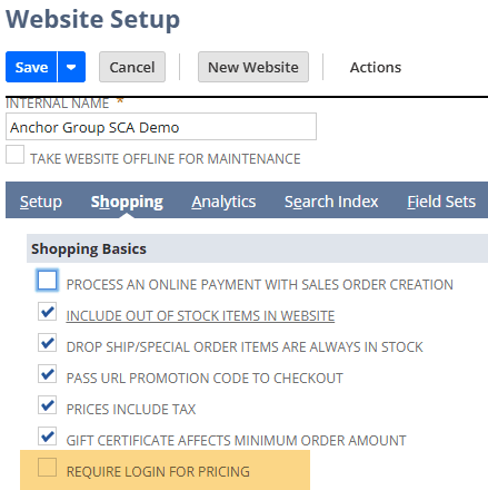 Website Setup page with the checkbox for Require Login for Pricing highlighted.