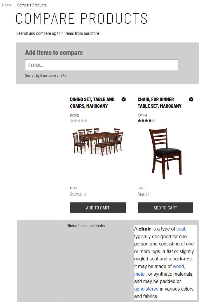 Product Comparison page.