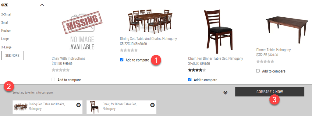 Product list view with three points highlighted.
