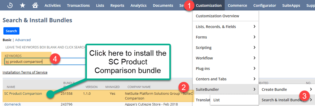 Search & Install Bundles page pointing out the SC Product Comparison bundle.