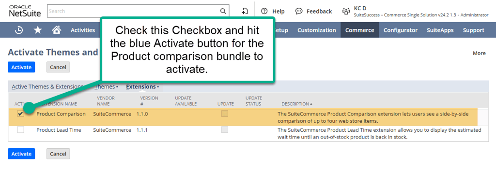 A page showing the checkbox to activate the product comparison bundle.