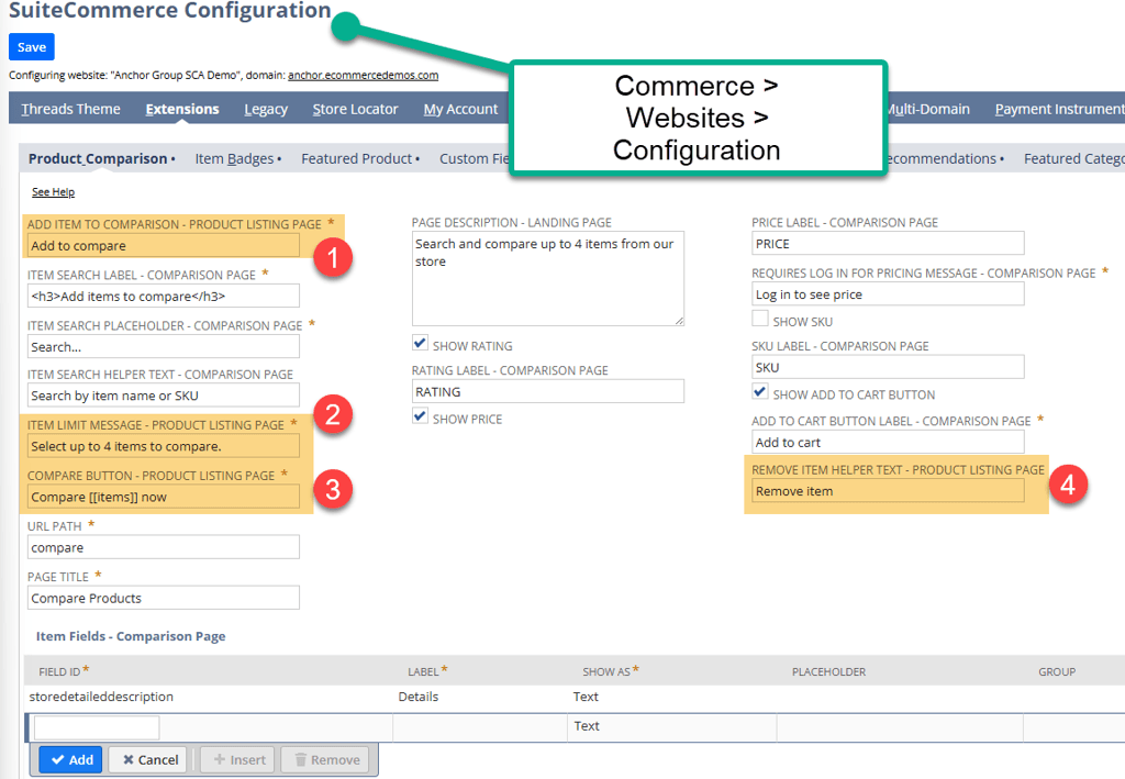 Navigation shown for SuiteCommerce Configuration page, with four points highlighted.