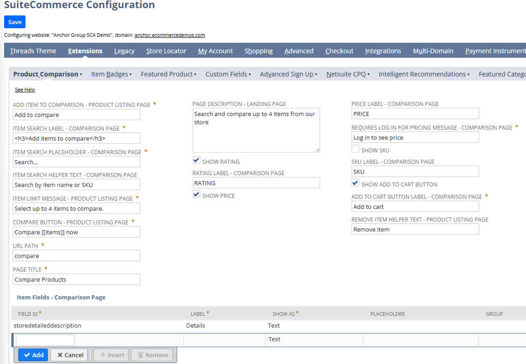 SuiteCommerce Configuration page with a series of details shown.
