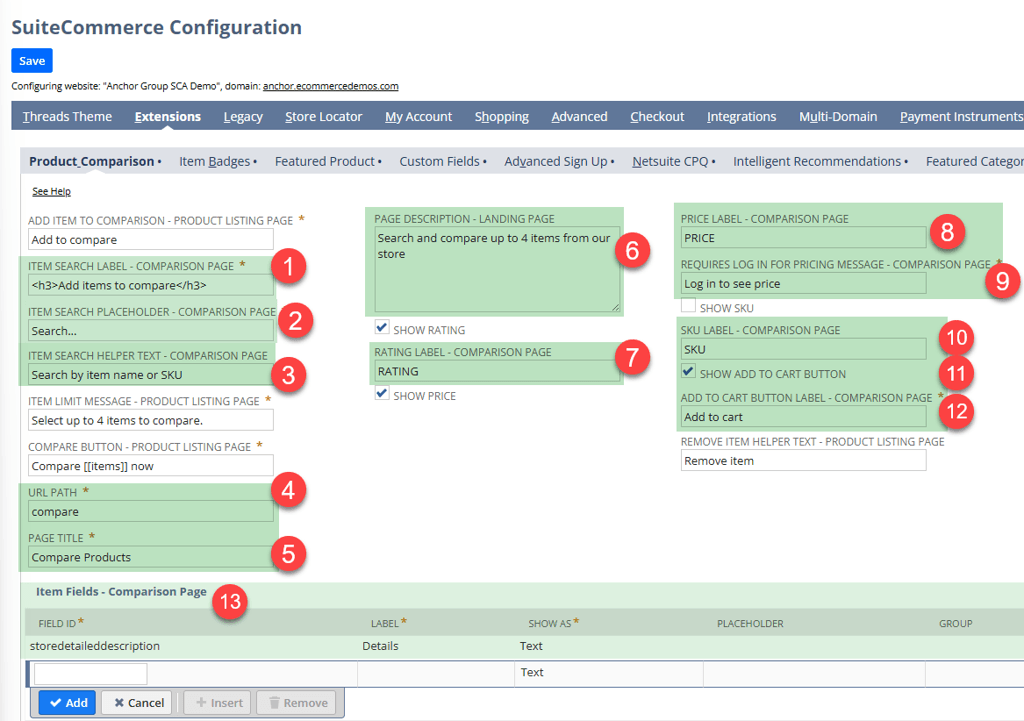 SuiteCommerce Configuration page with thirteen points.