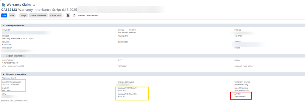 Warranty Claim page with the Start Date, Expiration, and Action fields highlighted.