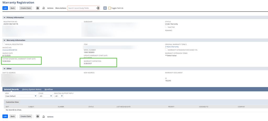 Warranty Registration page with Start Date and Expiration fields highlighted in green.