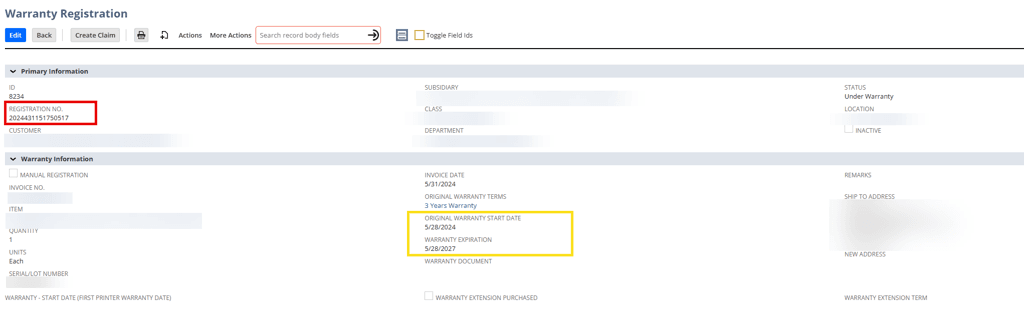 Warranty Registration page with the Start Date and Expiration fields highlighted.