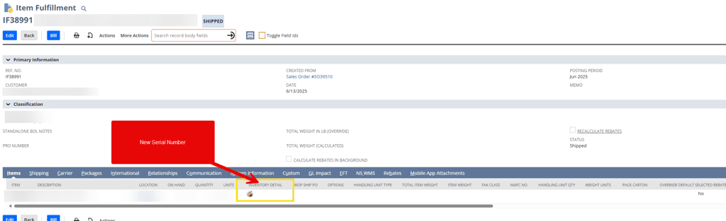 Item Fulfillment page highlighting a New Serial Number.