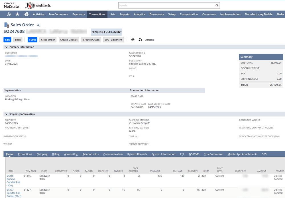 NetSuite sales order items listed for Fire king.