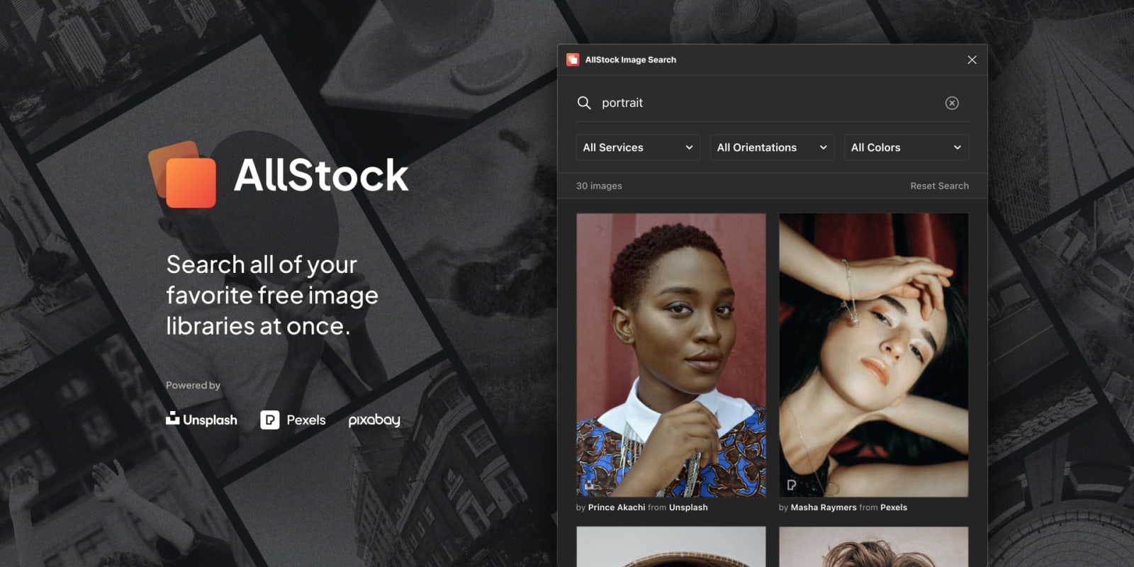 Promo image for a Figma plugin that searches stock image sites like Unsplash, Pexels, and Pixabay.