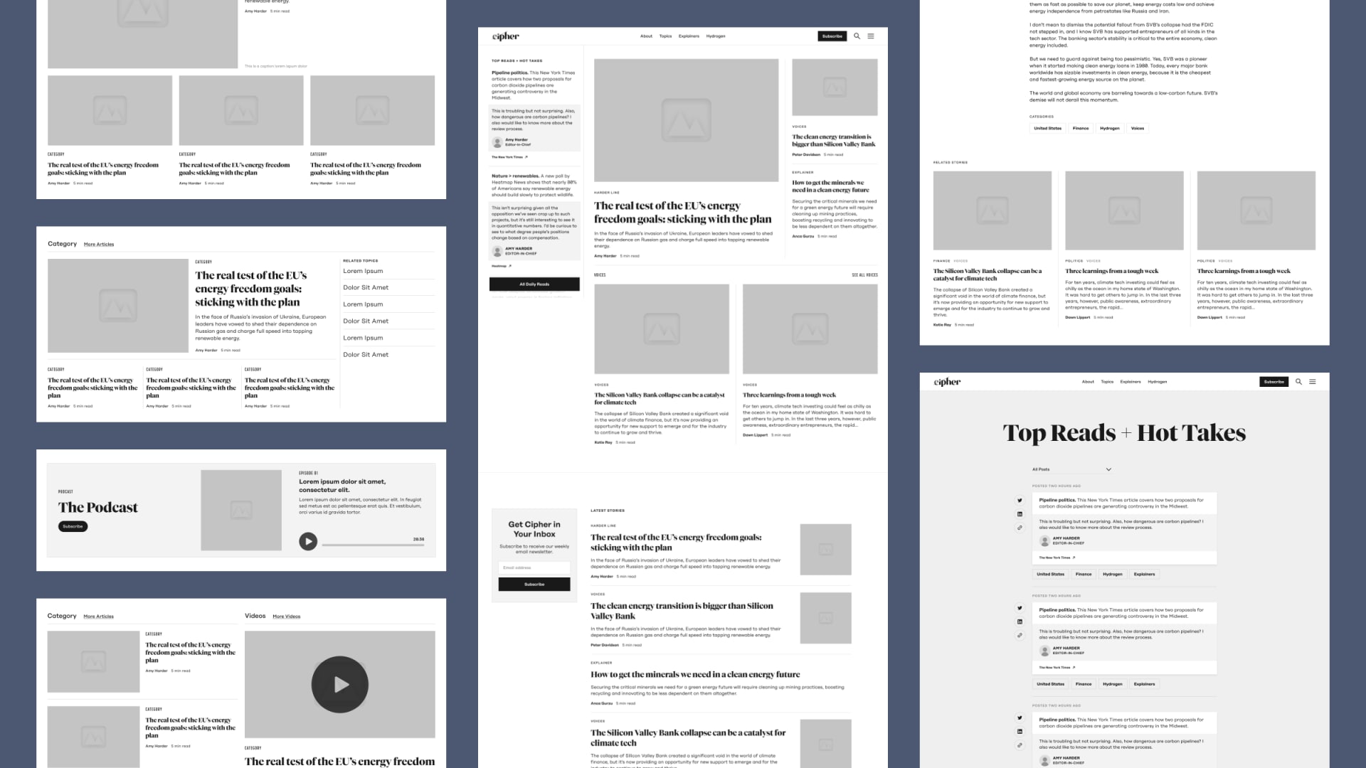 Wireframes for various pages and modules on the site