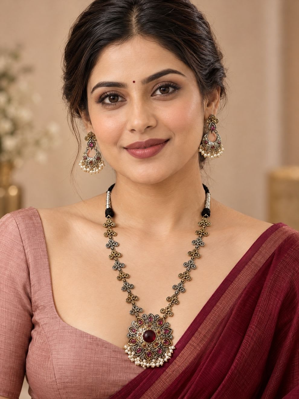 Kamalini Two-Tone Floral Ruby Pendant Necklace Set