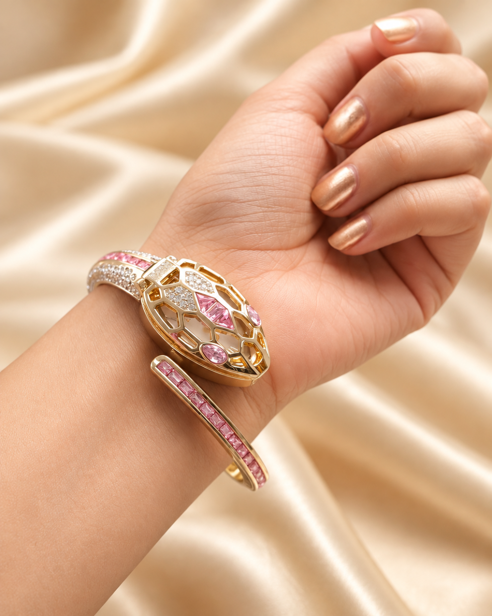 Golden Serpent Crystal Pink Wrap Bangle