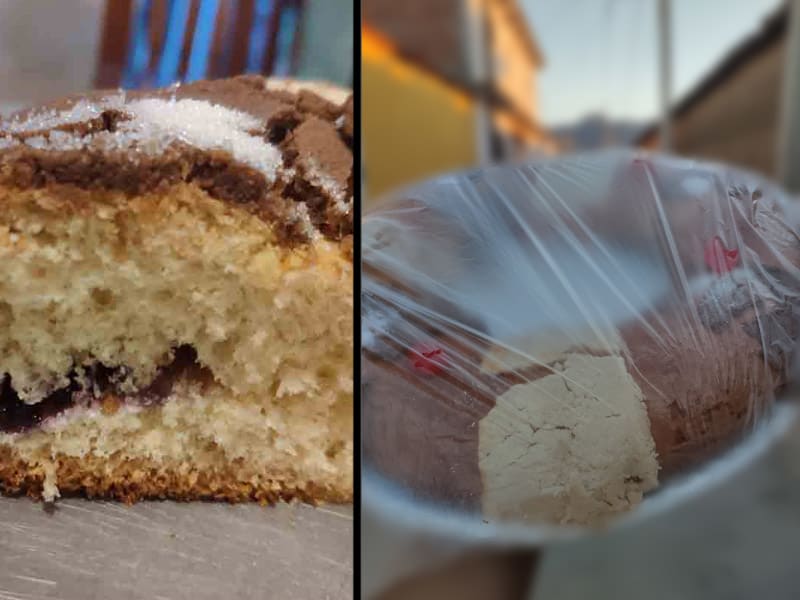 Rebanada de rosca de Reyes con azúcar y ate, junto a una rosca entera