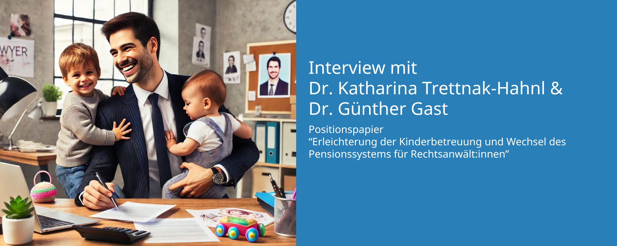 Beitrags Bild: Interview mit Frau Dr. Katharina Trettnak-Hahnl & Herrn Dr. Günther Gast zum Positionspapier "Erleichterung der Kinderbetreuung und Wechsel des Pensionssystems für Rechtsanwält:innen"