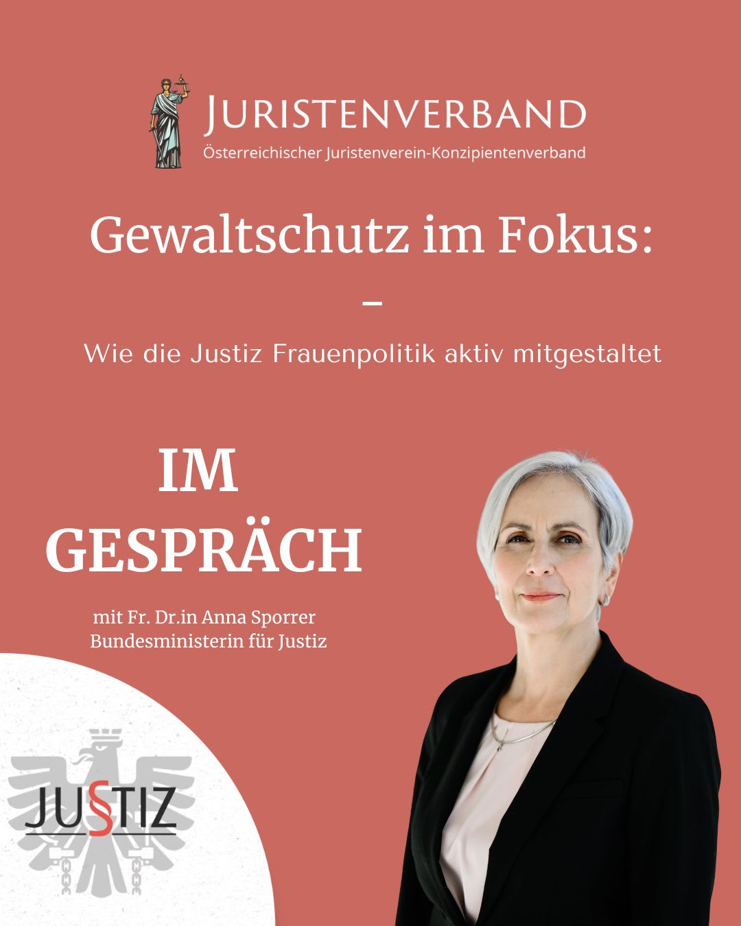 Titelbild der Veranstaltung: Frauenpolitik und Justiz im Dialog – mit Bundesministerin Dr. in. Anna Sporrer