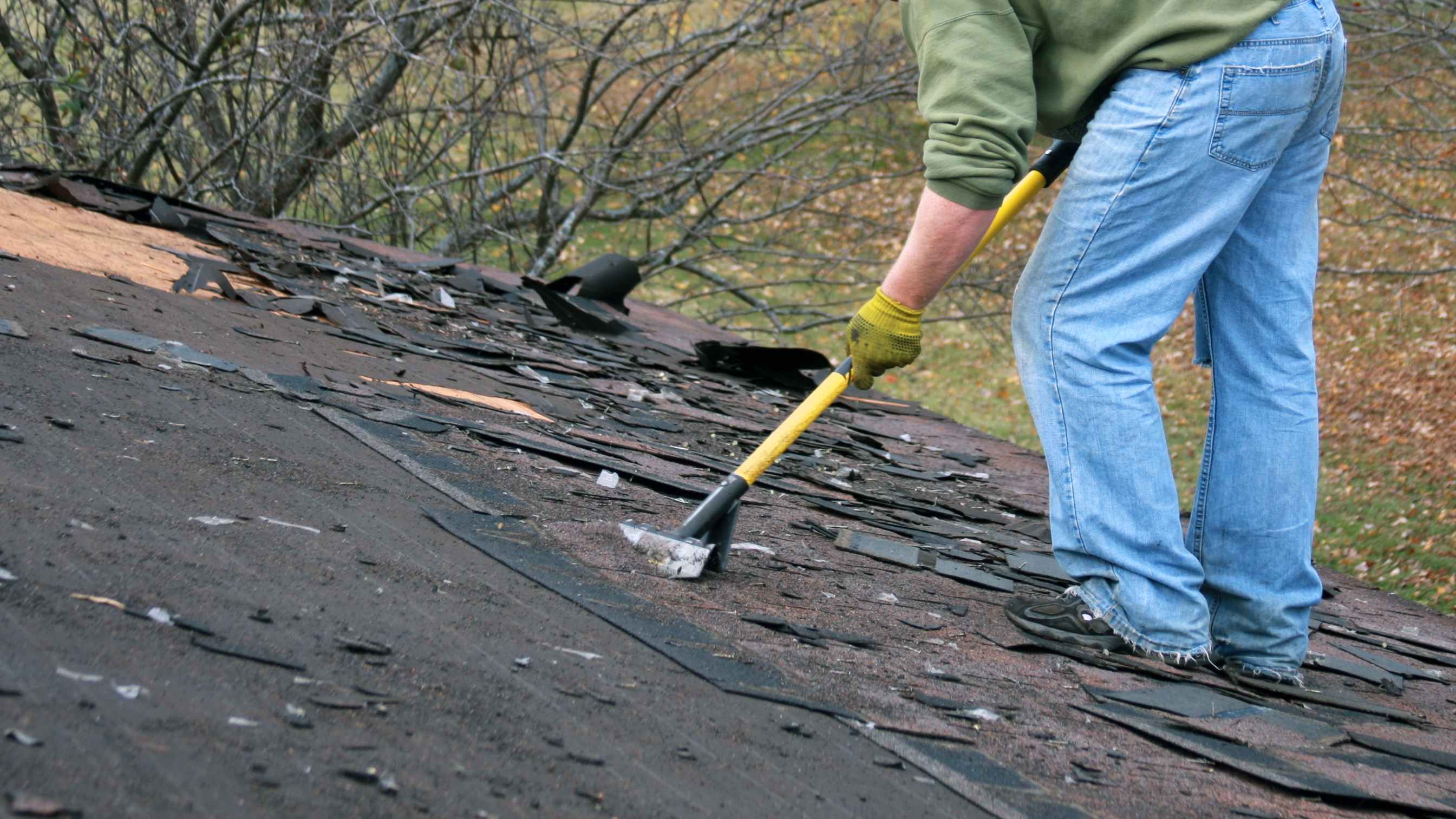 Roofer removing old asphalt shingles from the roof