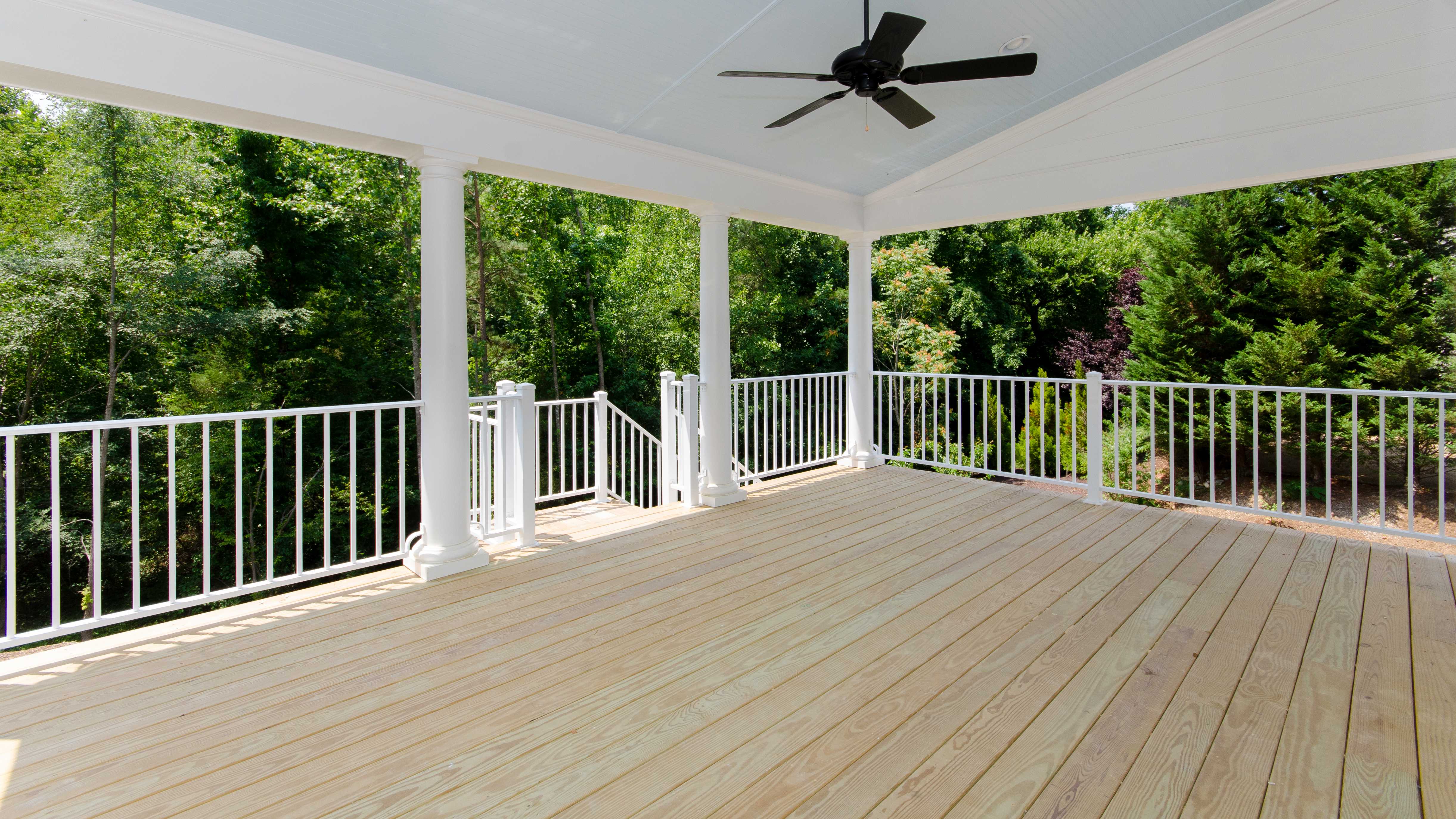 Steel deck railing installed on a covered deck