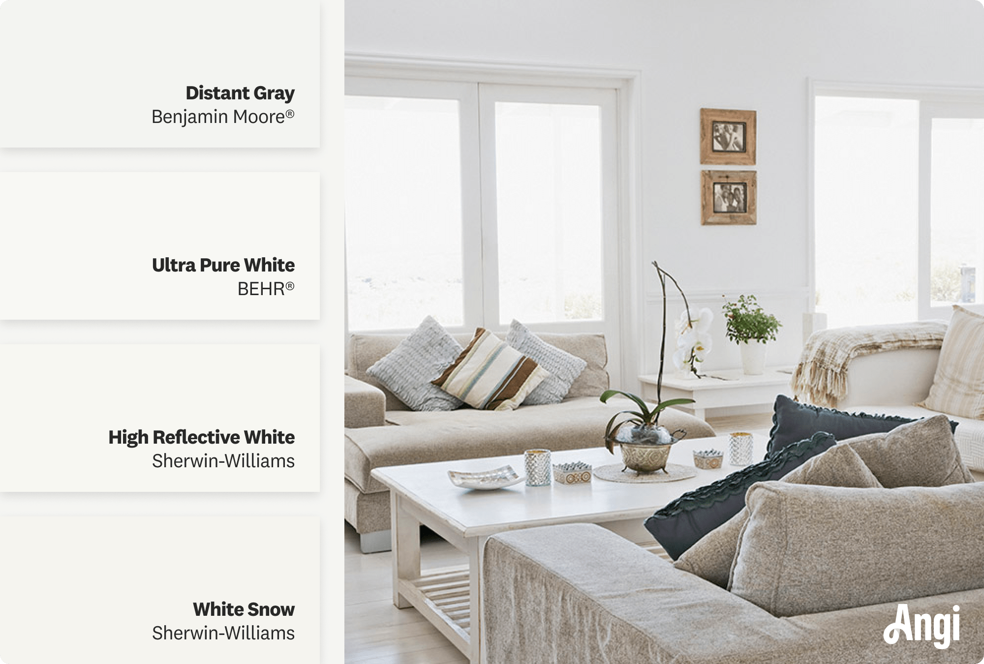 A modern living room with bright white paint, featuring minimalist furniture, large windows, and natural light streaming in