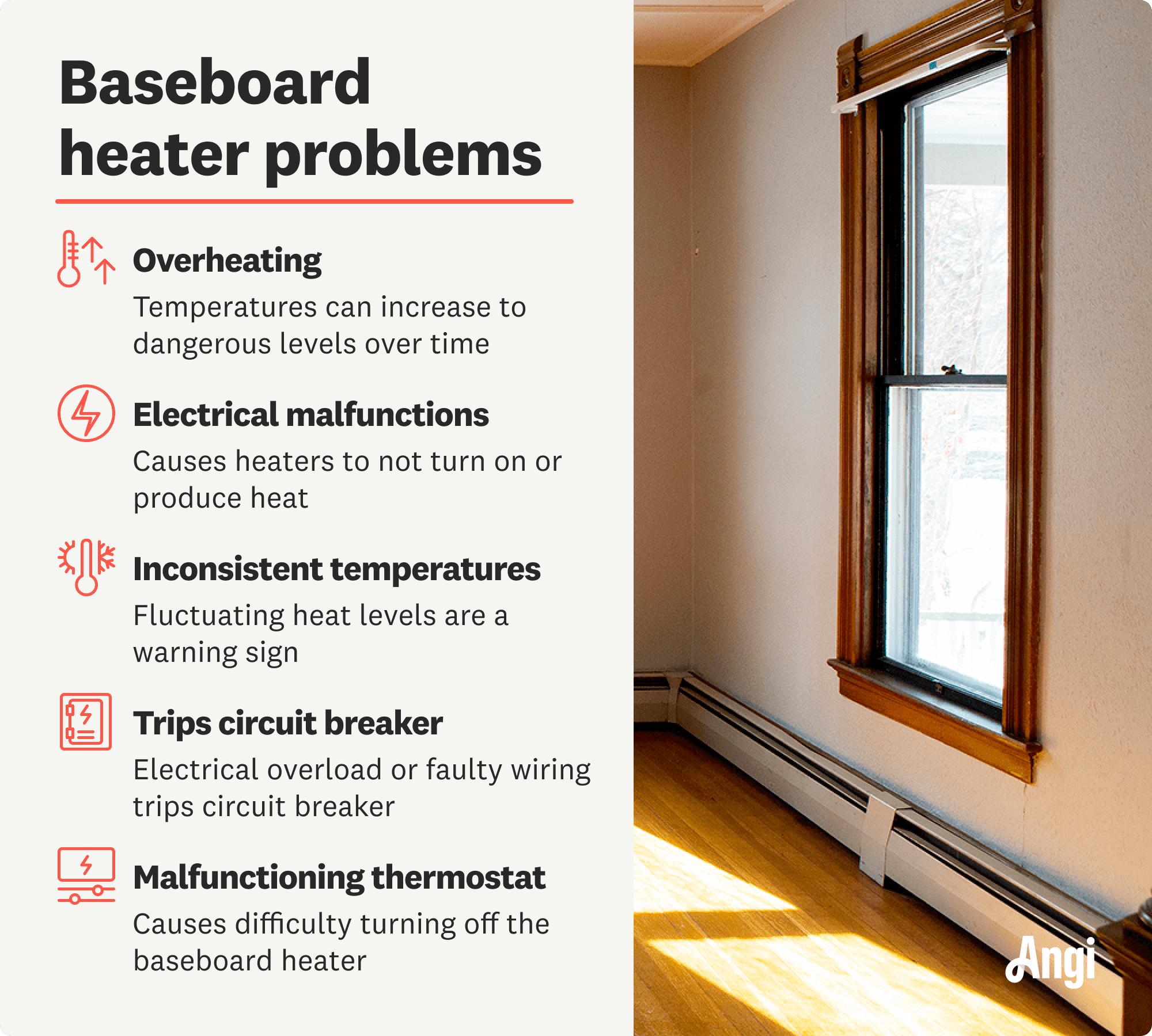Common baseboard heater problems, including overheating, and electrical malfunctions