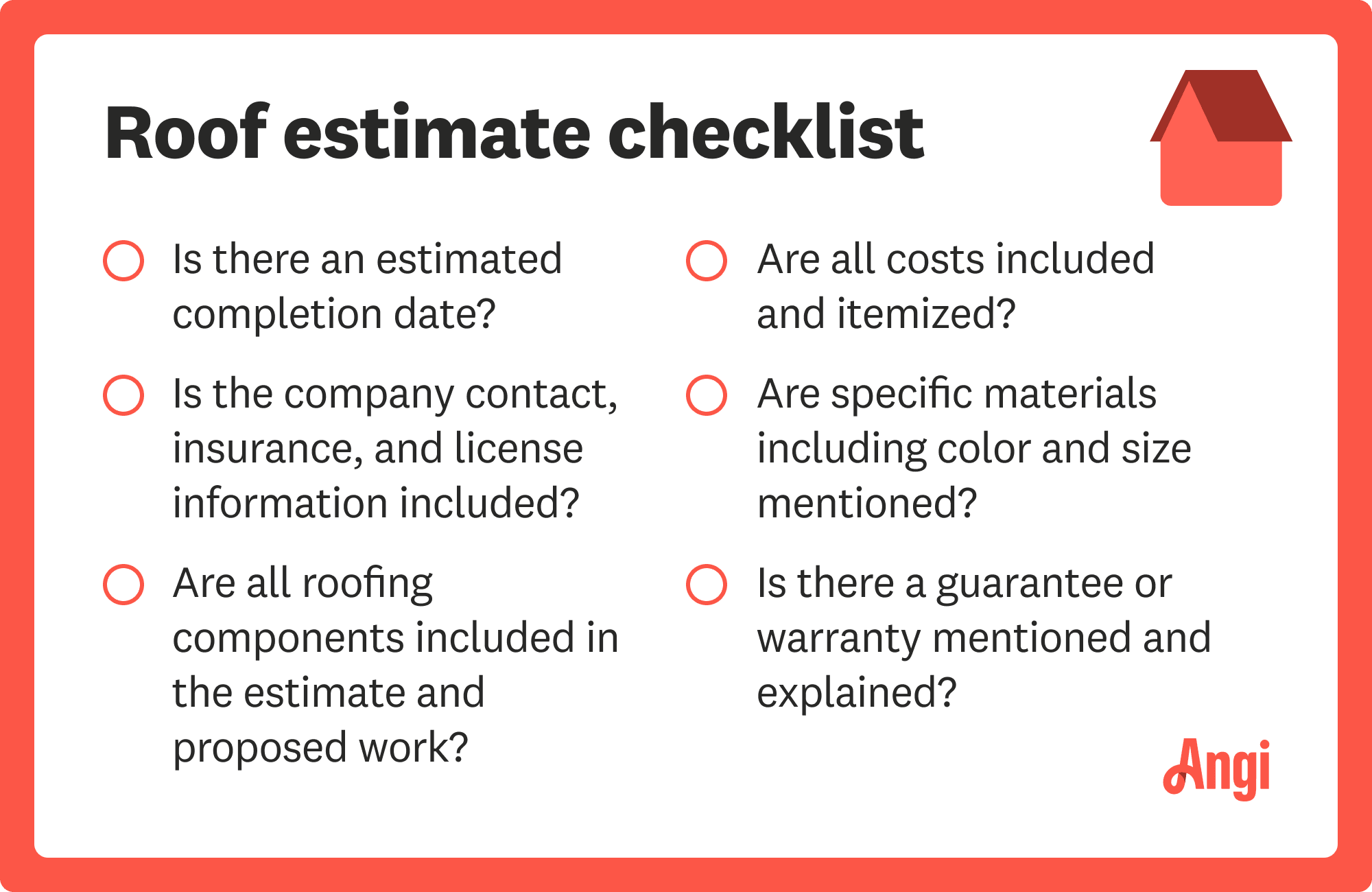 Roof estimate checklist, including asking if all costs are included and itemized