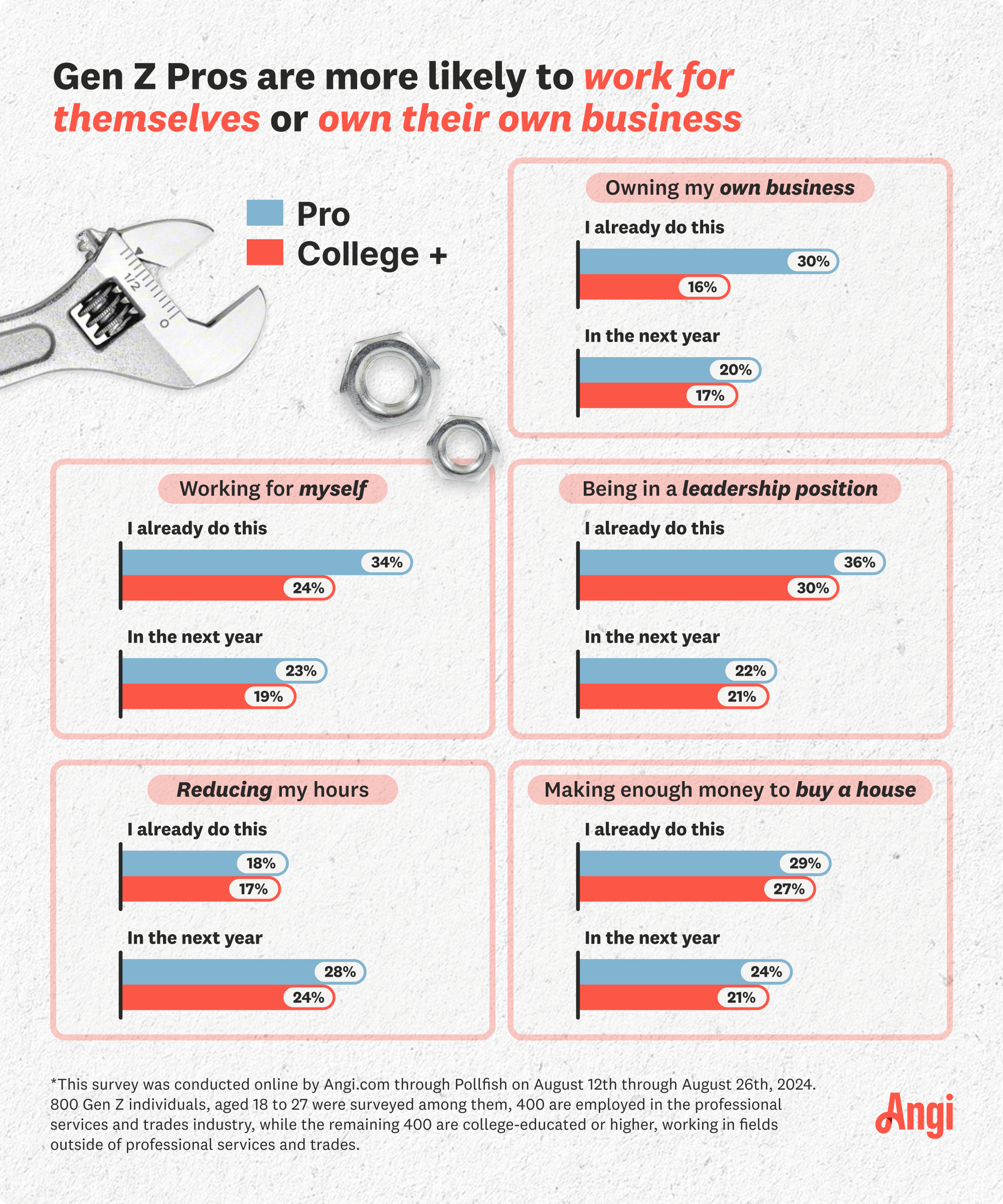 30% of pros already own their own business and 20% plan on owning their own business in the next year