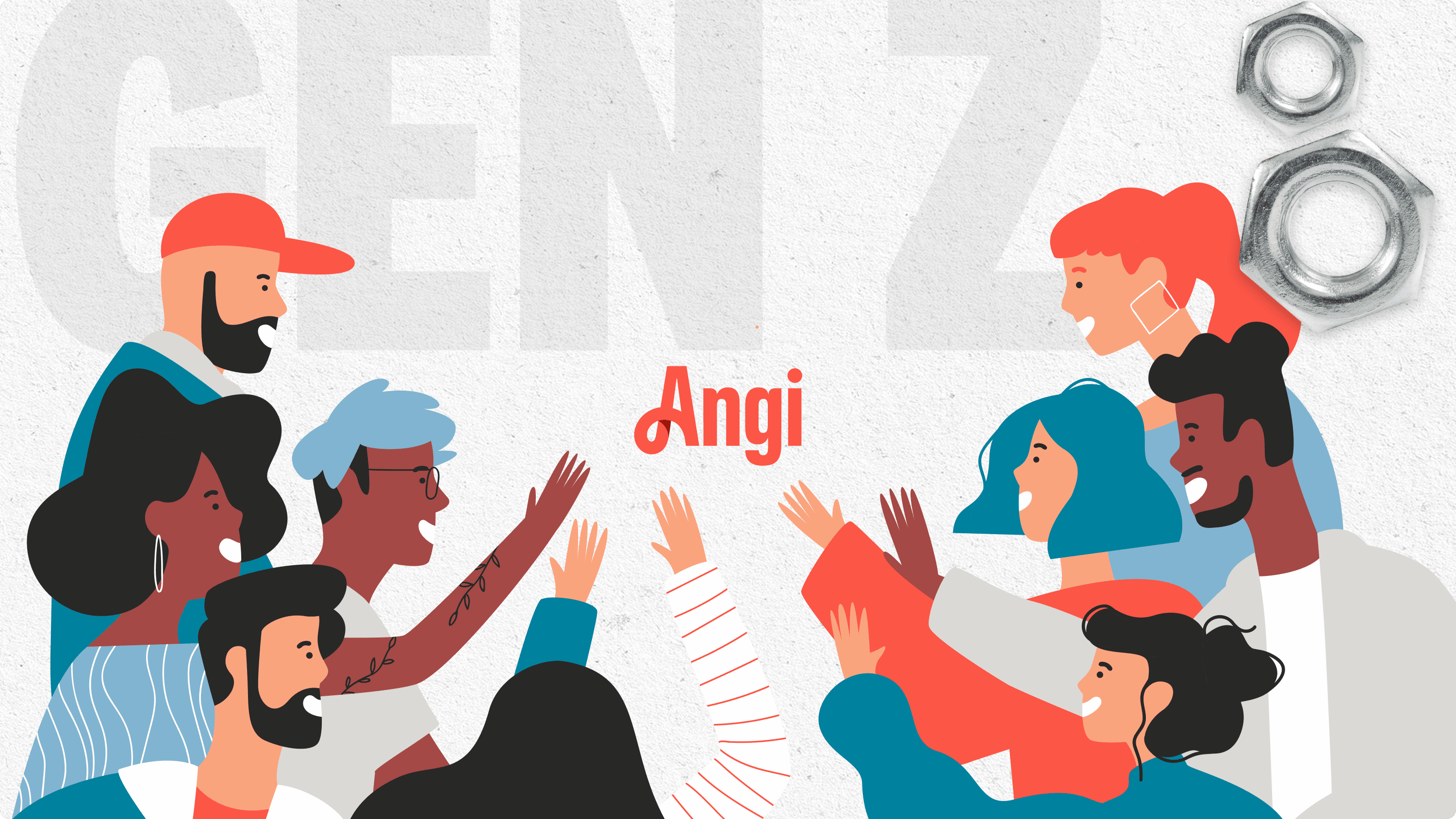 Illustrated image of Gen Z people reaching for the Angi logo