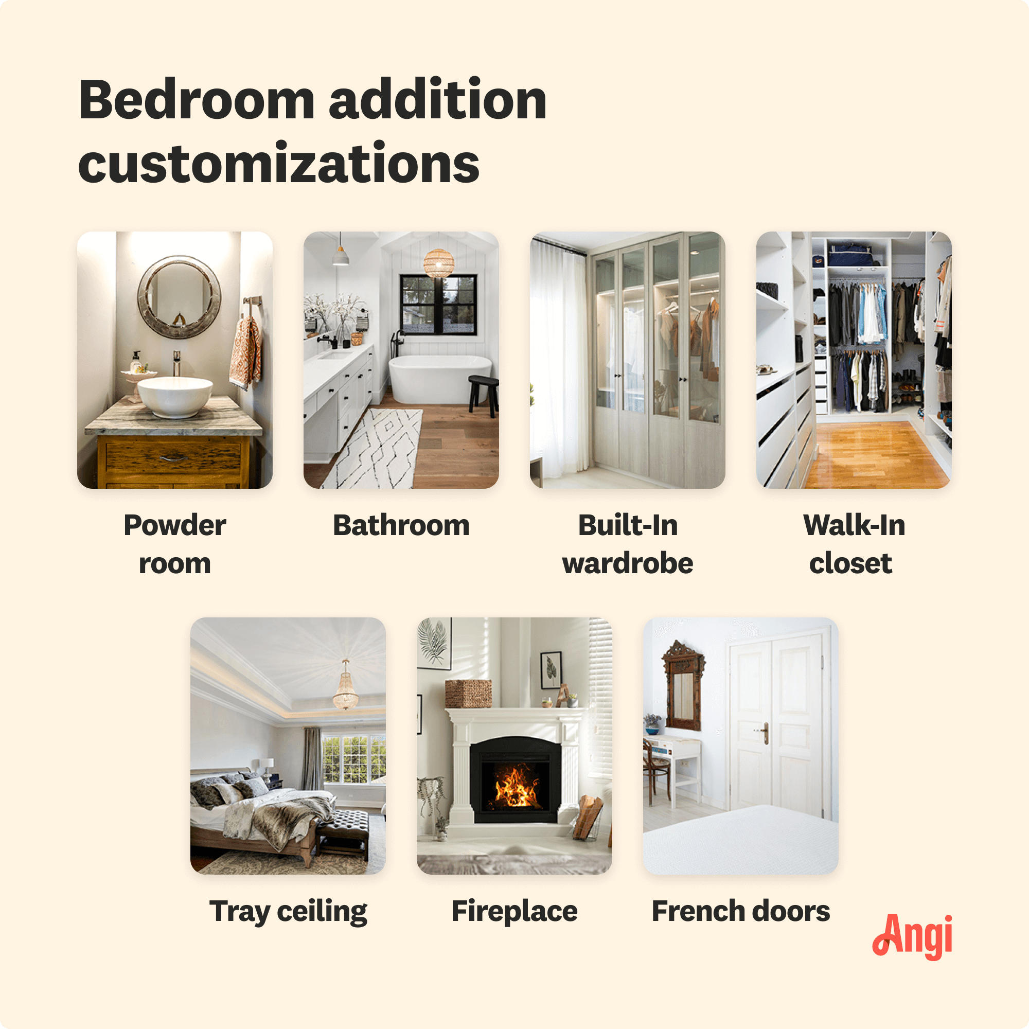 7 bedroom addition customizations compared visually, including a bathroom, built-in wardrobe, and fireplace