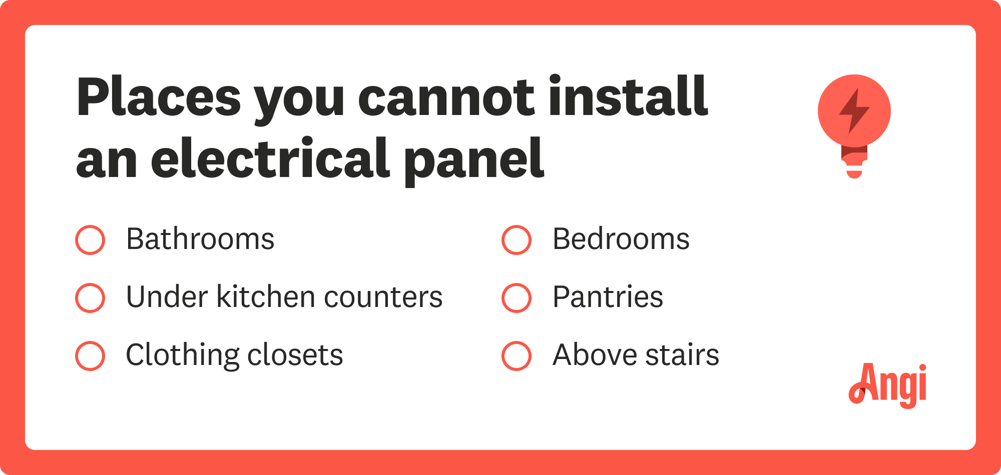 Places you cannot install an electrical panel, including bathrooms, bedrooms, and above stairs