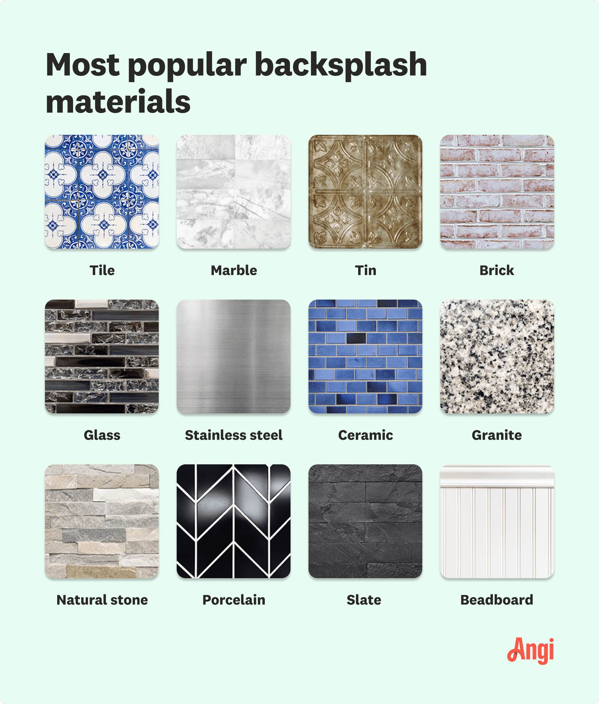 12 backsplash materials compared visually, including tile, marble, glass, natural stone, and beadboard